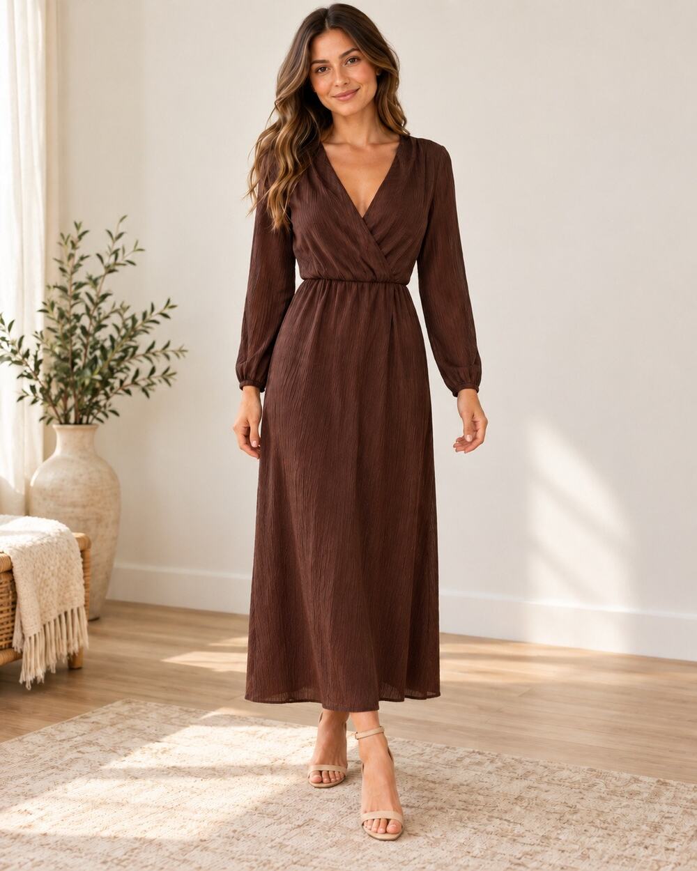 All in Favor Fall Chocolate Brown V-Neck Long Sleeve Dress XS 🤎
